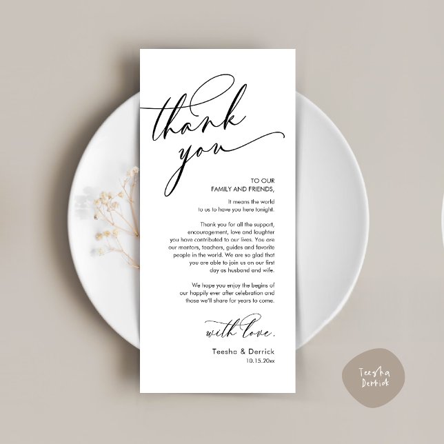 Boda romántico Gracias por colocar tarjeta de conf (Romantic Wedding Dinner Thank You Place Setting Card, in Black and White )