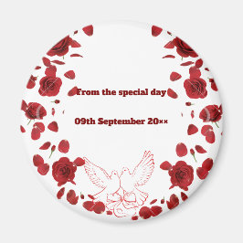 Boda romántico imán de fecha - Rosas rojas y palom