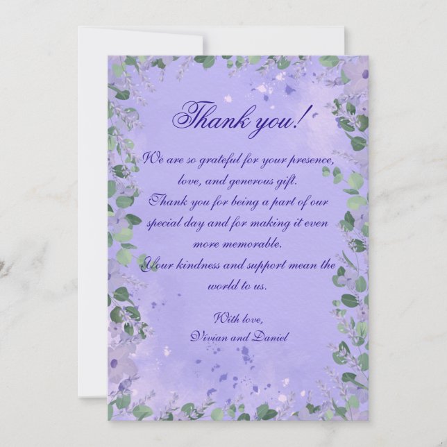Boda romántico morado floral gracias tarjeta (Anverso)