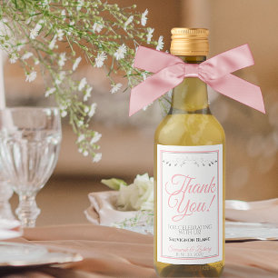 Boda rosa y gris Mini botella de vino Gracias