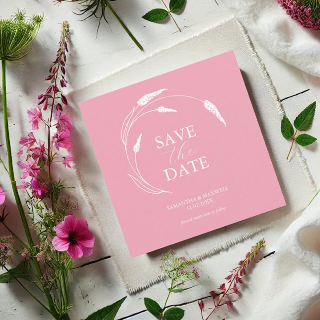 Boda Rosada Guardar Las Plantillas De Fecha (Pink wildflower line art wedding save the date card by Victoria Grigaliunas of Do Tell A Belle)