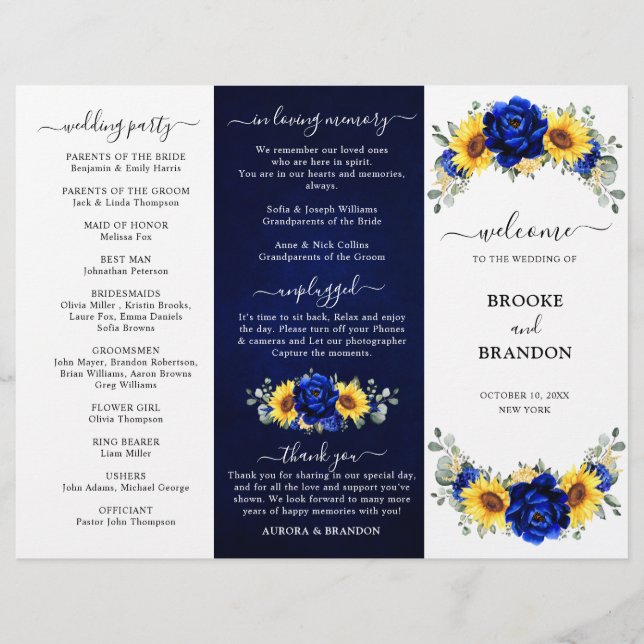 Boda Royal Blue Sunflower Tarjeta de programa trip (Anverso)