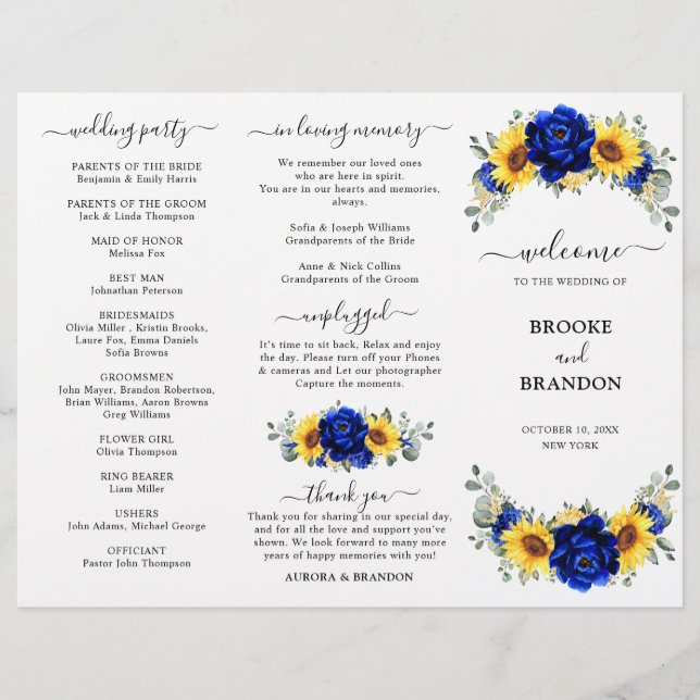 Boda Royal Blue Sunflower Tarjeta de programa trip (Anverso)