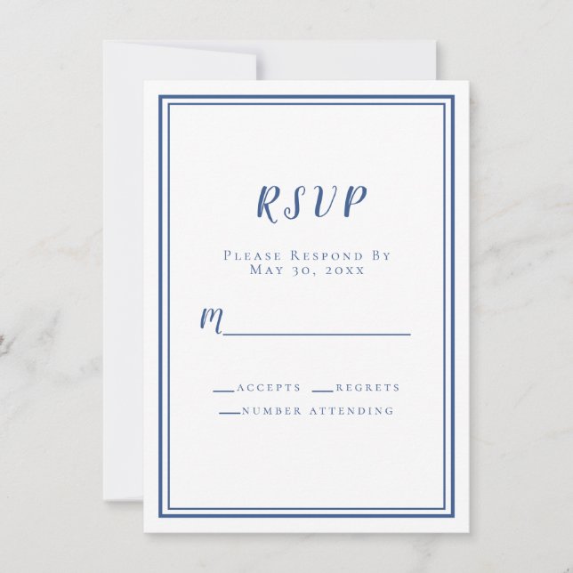 Boda RSVP Azul Blanco Simple Moderno Minimalista (Anverso)