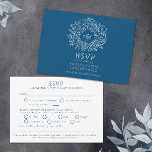 Boda RSVP azul monograma hoja dibujada a mano