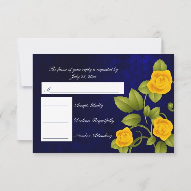 Boda RSVP azul oscuro y rosa amarillo (Anverso)