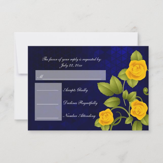 Boda RSVP azul oscuro y rosa amarillo (Anverso)
