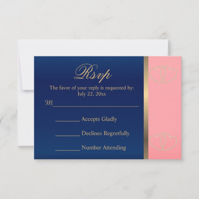 Boda RSVP Card Coral & Navy con corazones dorados (Anverso)