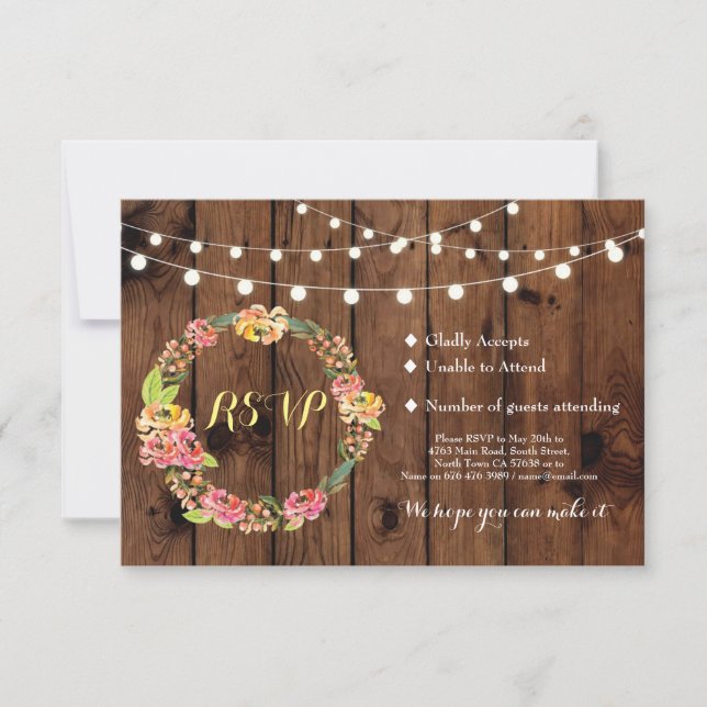 Boda RSVP Cartas de Tiki Rustic Wood Floral invita (Anverso)