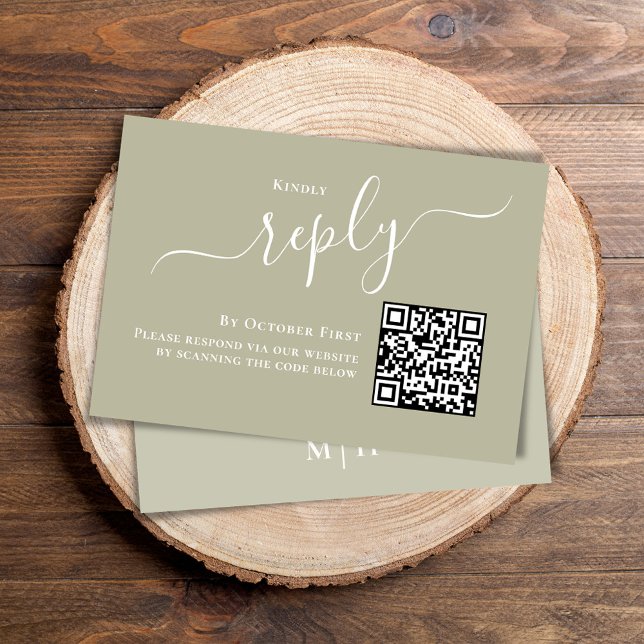 Boda RSVP Código QR Elegante Sage Verde (Elegant sage green reply response card with a scannable QR code. )