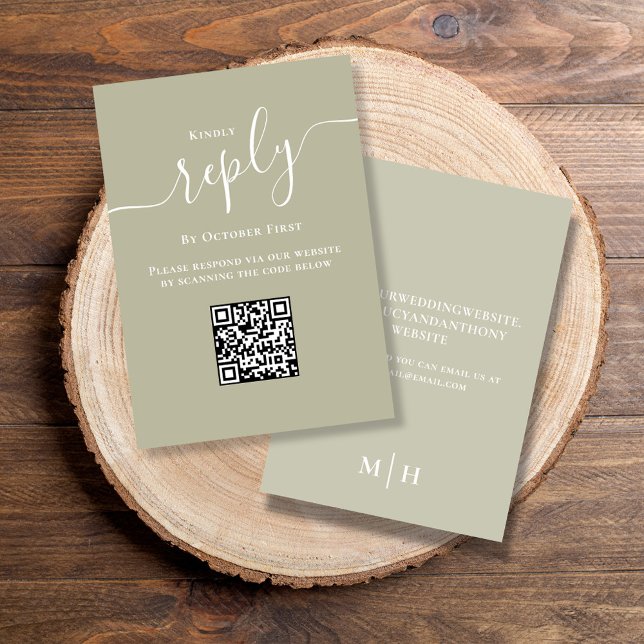 Boda RSVP Código QR Elegante Sage Verde (Elegant sage green reply response card with a scannable QR code. )