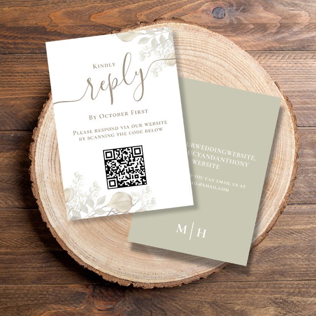 Boda RSVP Código QR Elegante Vegetación (Simple Wedding reply card with a sage green background and QR code template.)