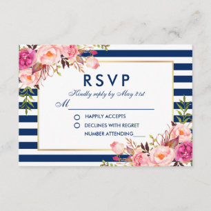 Boda RSVP Color de agua floral Bandas azules rosad