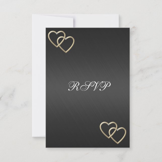 Boda RSVP Compromiso con corazones dorados negros (Anverso)
