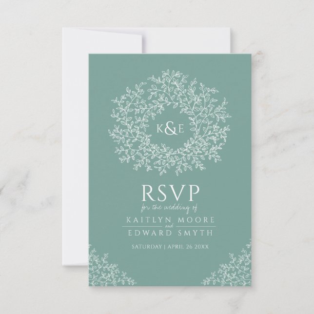 Boda RSVP con monograma de hoja dibujado a mano ve (Anverso)