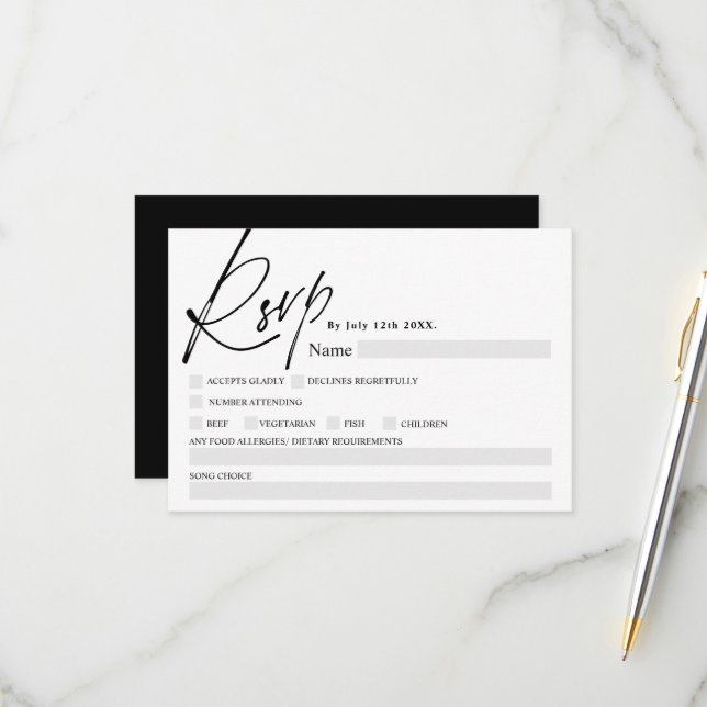 Boda rsvp de caligrafía de escritura blanca negra (Anverso/Reverso In Situ)