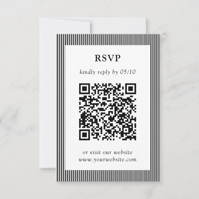 Boda RSVP de código QR con tiras blancas y negras  (Anverso)