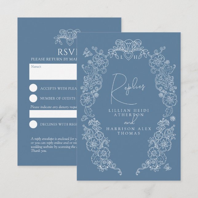 Boda RSVP de floración de monograma gris medio (Anverso / Reverso)