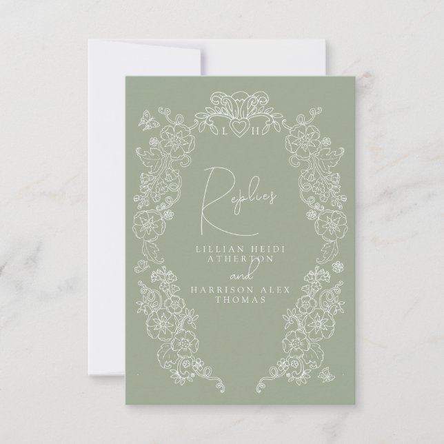 Boda RSVP de hoja dibujada a mano verde sabio (Anverso)