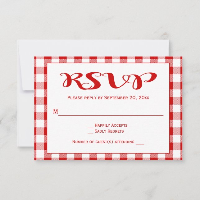 Boda RSVP de los Cheques Rojos, Fiesta Gingham Pla (Anverso)