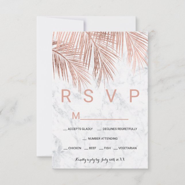 Boda RSVP de mármol de palmera dorada rosa moderno (Anverso)