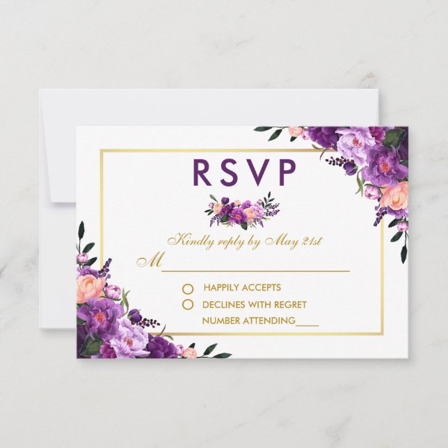 Boda RSVP de oro floral púrpura ultra violeta (Anverso)