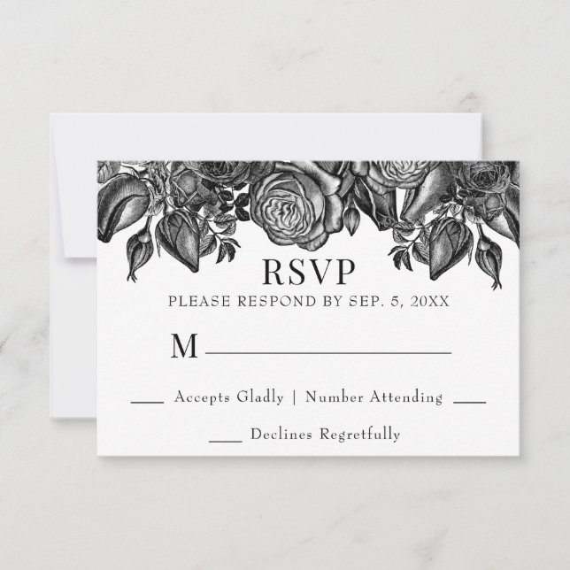 Boda RSVP de rosas blancas y negras (Anverso)