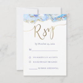 boda RSVP de tinta azul de mármol líquido
