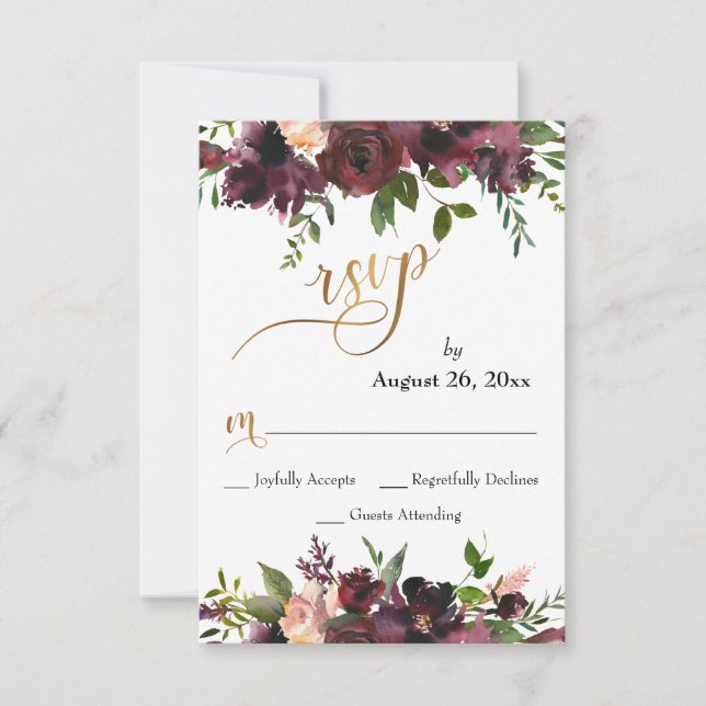 Boda RSVP Deep Red Burgundy Floral Gold Script (Anverso)