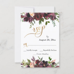 Boda RSVP Deep Red Burgundy Floral Gold Script