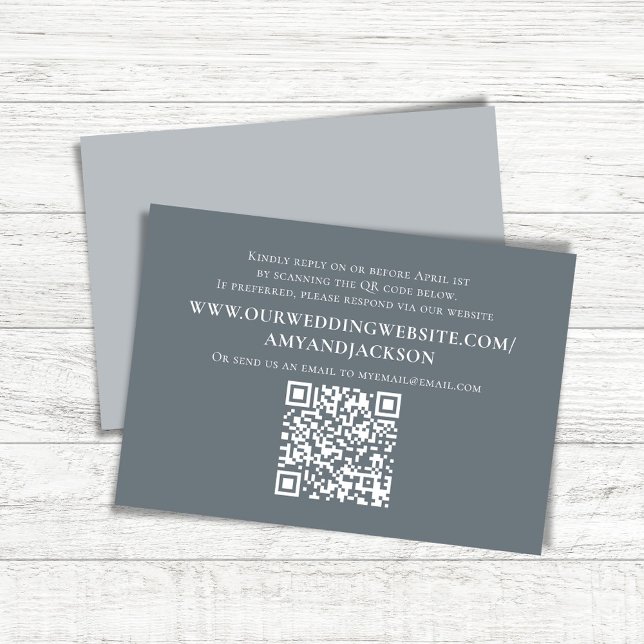 Boda RSVP del sitio web del código QR simple de Du (Simple blue-grey wedding RSVP card with a scannable QR code. )