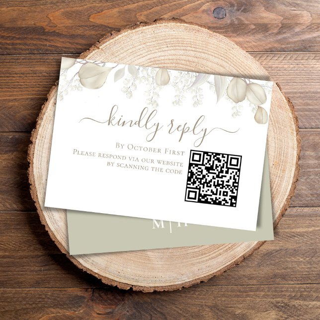 Boda RSVP en línea Código QR Vegetación verde (Simple Wedding reply card with a sage green background and QR code template.)