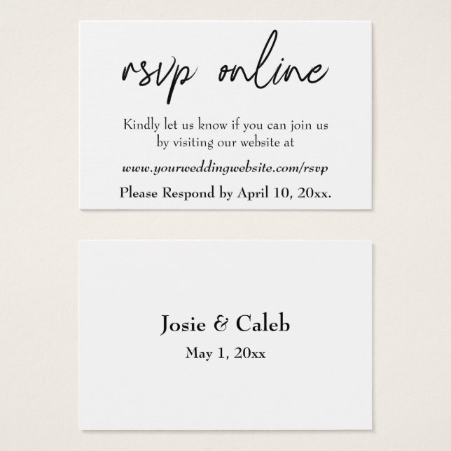 Boda RSVP en línea Insertar guión negro, blanco, 1 (Anverso y reverso)
