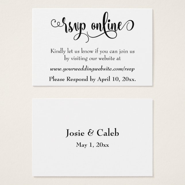Boda RSVP en línea Insertar guión negro, blanco, 1 (Anverso y reverso)