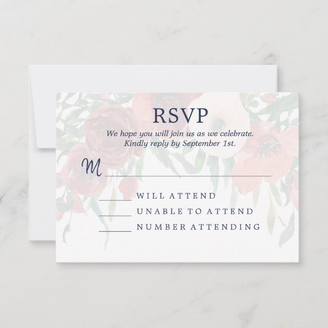 Boda RSVP floral floral de acuarela azul de marina (Anverso)