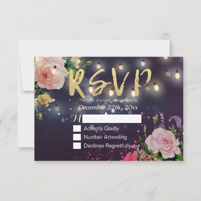 Boda RSVP Floral Purple Sparkle String Luces (Anverso)