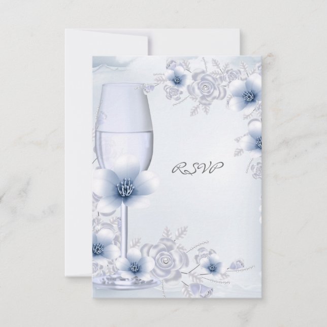 Boda RSVP Flores Rosa Plata Azul Floral (Anverso)