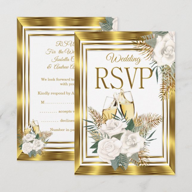 Boda RSVP Golden White Rose Champagne Gold (Anverso / Reverso)
