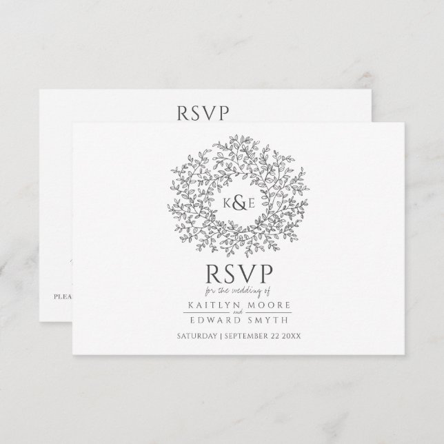 Boda RSVP gris oscuro en monograma hoja dibujada a (Anverso / Reverso)