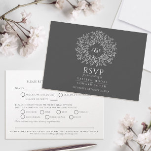 Boda RSVP gris oscuro en monograma hoja dibujada a