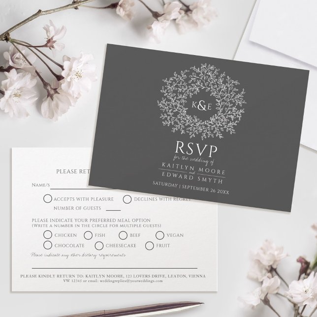 Boda RSVP gris oscuro en monograma hoja dibujada a (Subido por el creador)