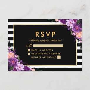 Boda RSVP negro rayado de oro morado floral