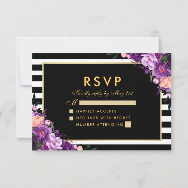 Boda RSVP negro rayado de oro morado floral (Anverso)