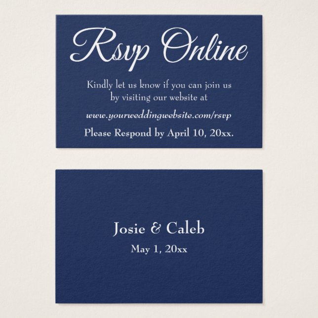 Boda RSVP Online Insertar Guión blanco y Marina, 0 (Anverso y reverso)