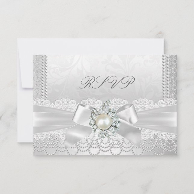 Boda RSVP Perla Blanca Encaje Damasco Diamante (Anverso)