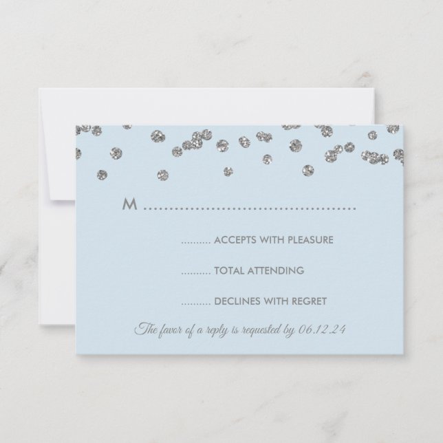 Boda RSVP Plata Faux Purpurina Confetti Hielo Azul (Anverso)