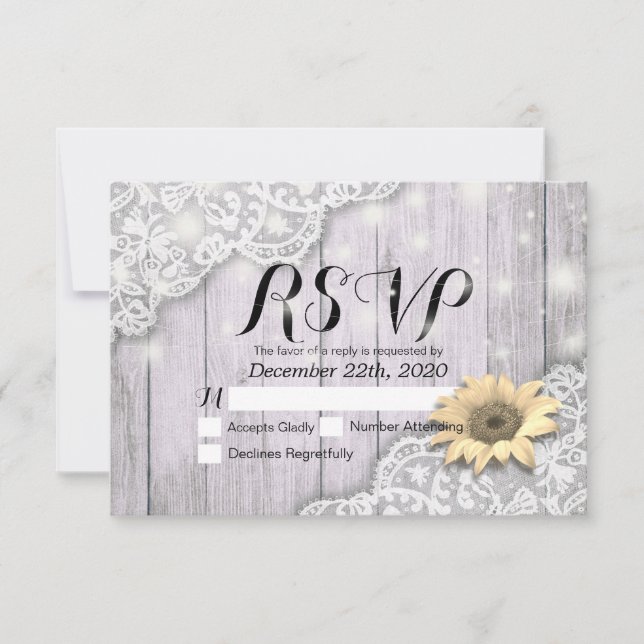 Boda RSVP Reply Lace Sunflower Barn Luces de mader (Anverso)