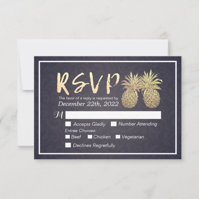 Boda RSVP Responder Dorado Pineapple Pareja Marina (Anverso)