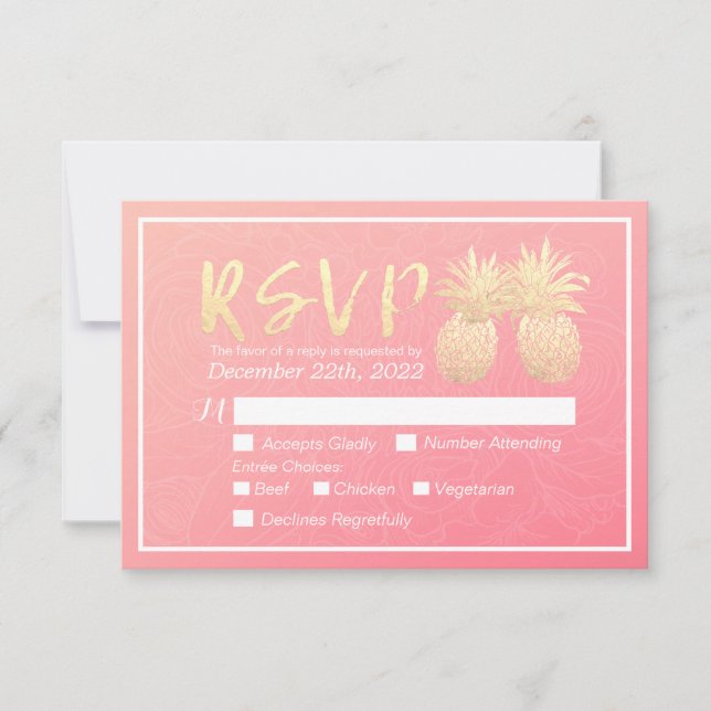 Boda RSVP Responder Dorado Pineapple Pareja Rosa (Anverso)