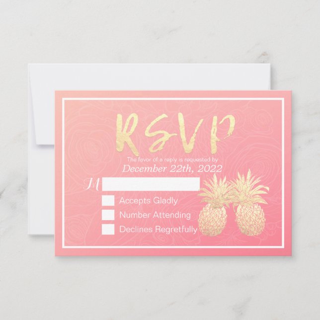 Boda RSVP Responder Dorado Pineapple Pareja Rosa (Anverso)